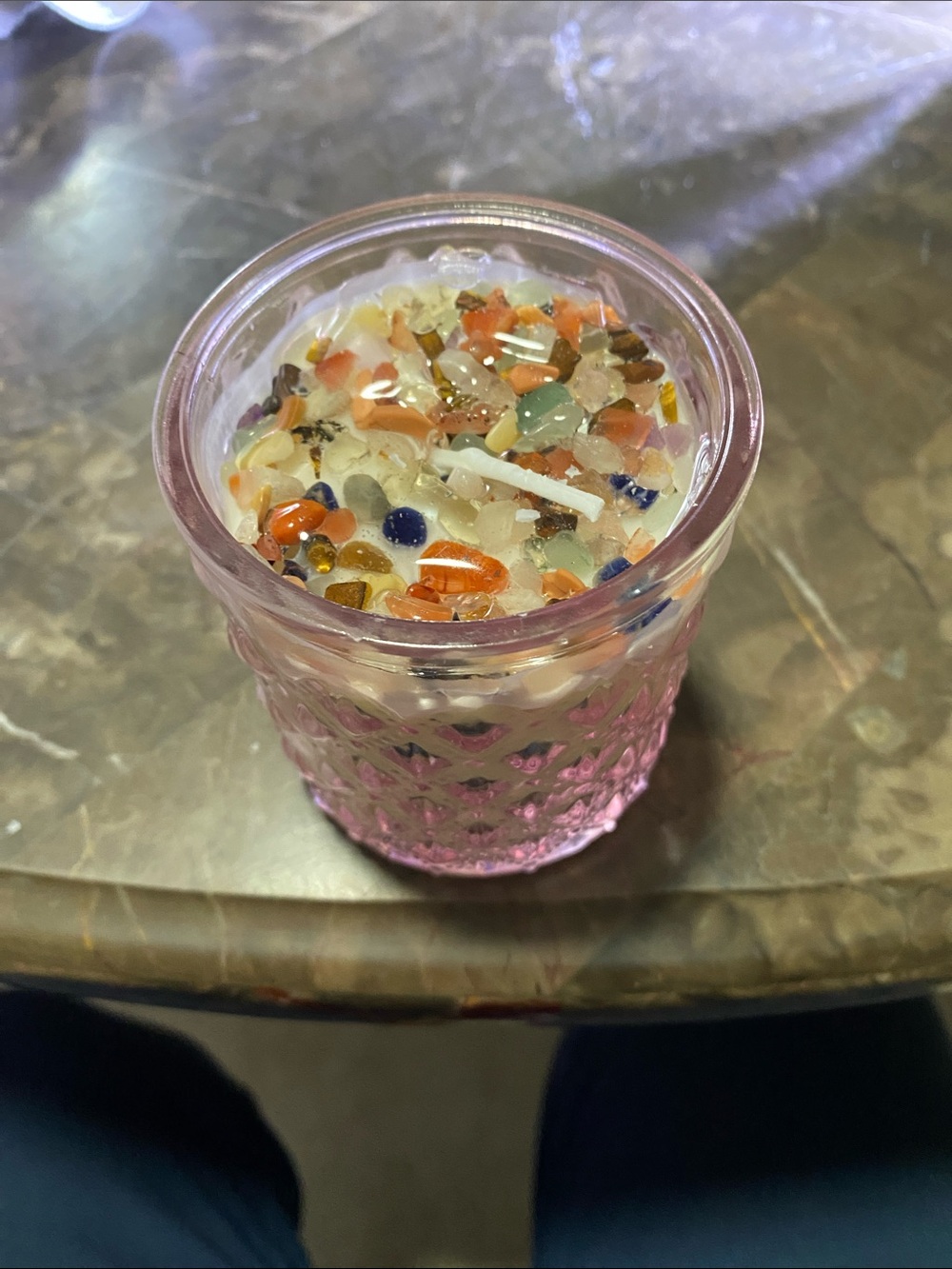 Handmade by Z  Pink Glass Candle with Colorful Stone Top “Lavender on the Rocks”